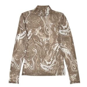 NLT No Less Than Gray Brown Marble Print High Neck Mesh Long Sleeve Top sz M